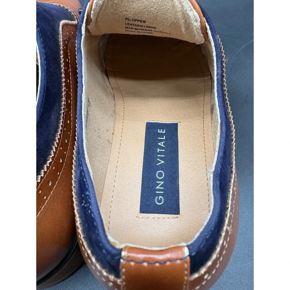 Gino Vitale Oxford Mens 11 Tan Navy Blue Excellent‎ Two Tone Brogue Dress Shoes